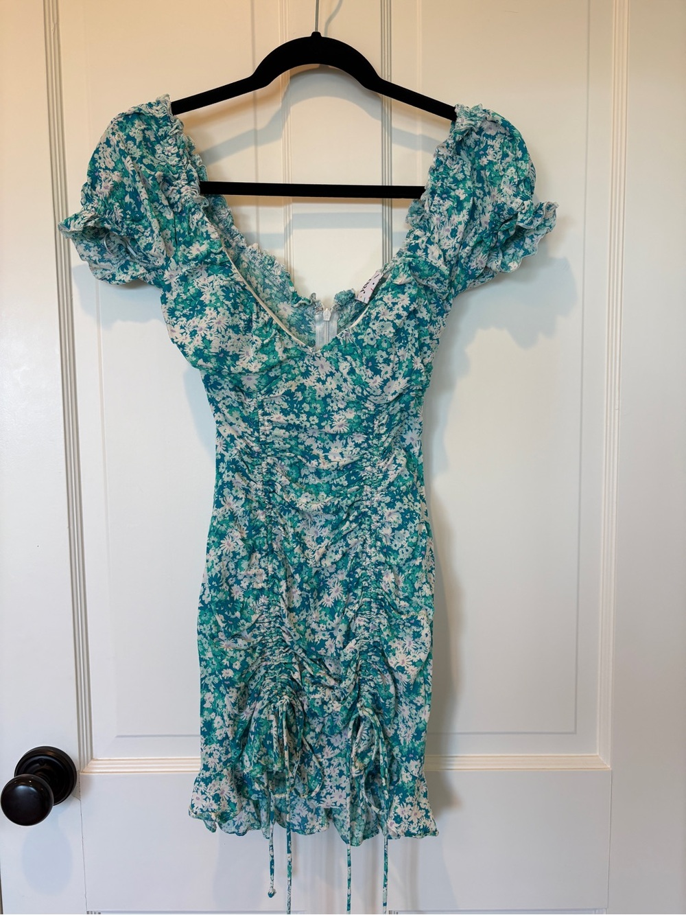 Y&I Teal Floral Puff-Sleeve Mini Dress